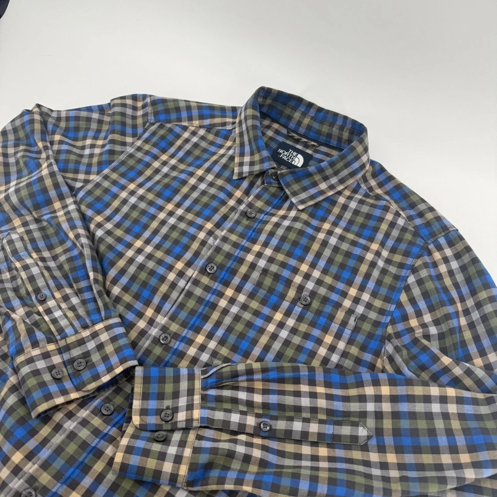 The North Face Mens Plaid Long Sleeve Button‎ Down Shirt Blue Green Tan Medium